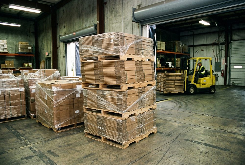 Pallets loaded with packaging materials for shipping