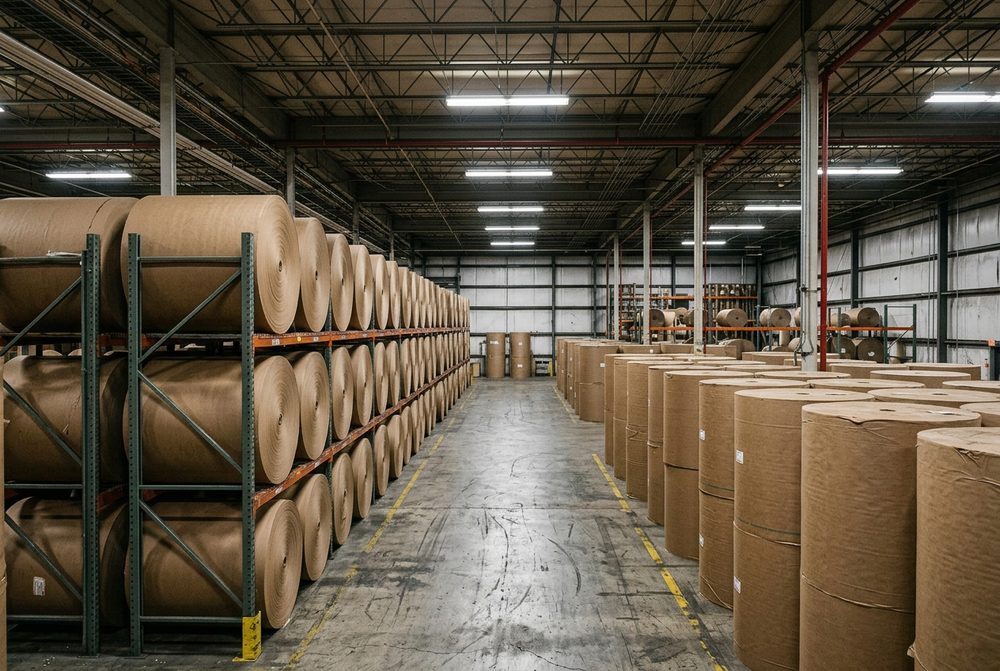 Rolls of paperboard used in corrugated box manufacturing